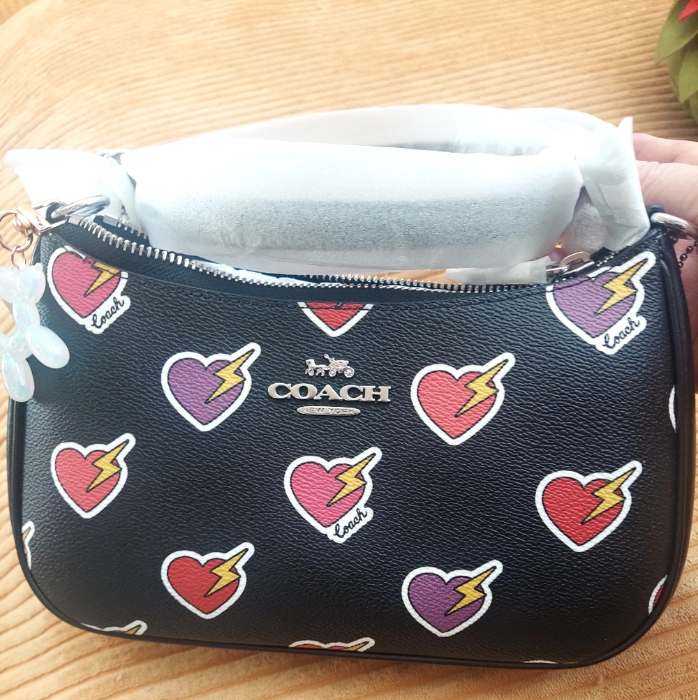 Coach Teri Shoulder Bag Black with Heart Bolt Print. NWT